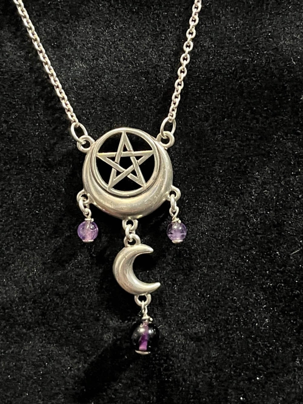 Sterling-Tone Crescent & Pentagram Necklace with Purple Beads